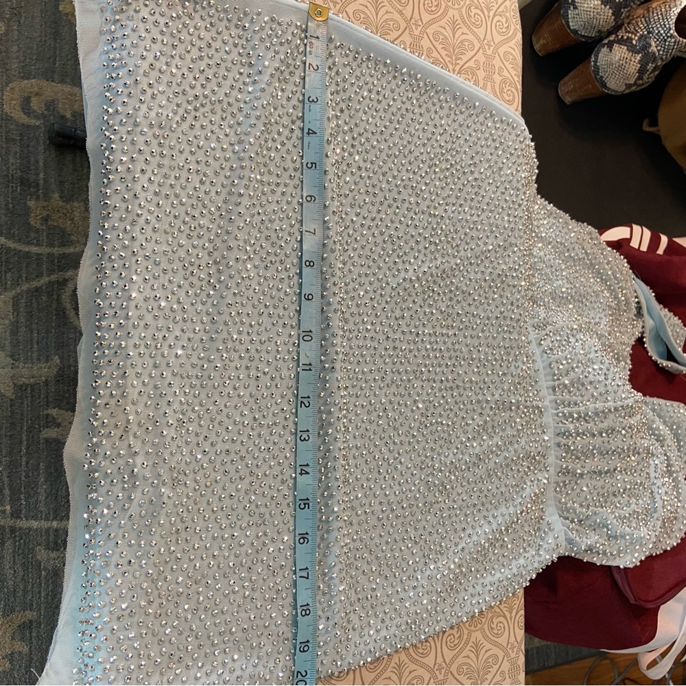 Xscape Light Blue Silver Metallic Beaded Cocktail Mini Dress Draped Size 10 - Picture 5 of 15